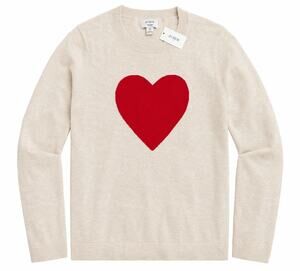 J.Crew Factory Heart Teddie Sweater Oatmeal Red 100% Cotton NWT M